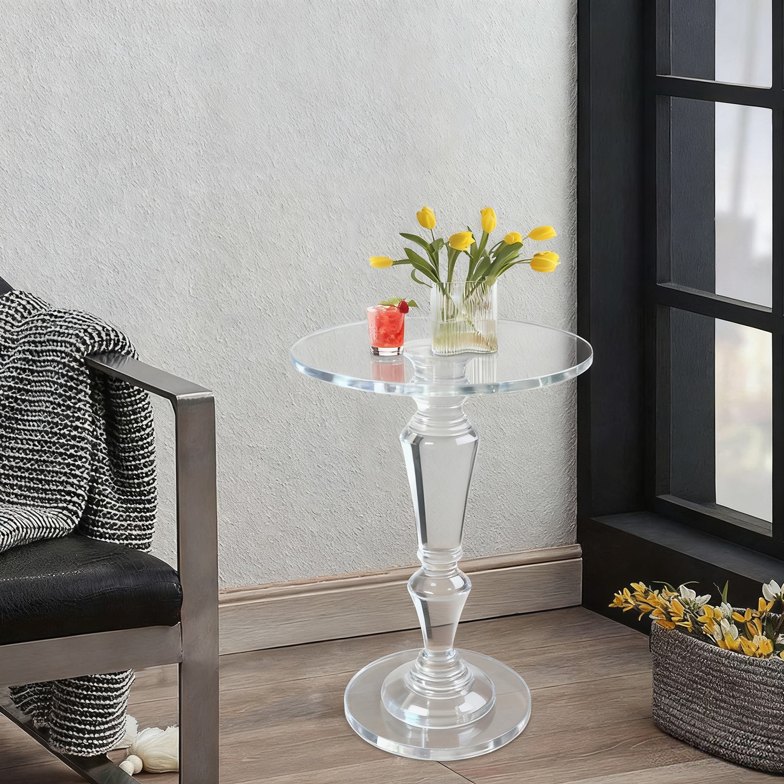 Clear Acrylic Side Table Round Ende Table Drink Table for Small Space 13.8"x19”