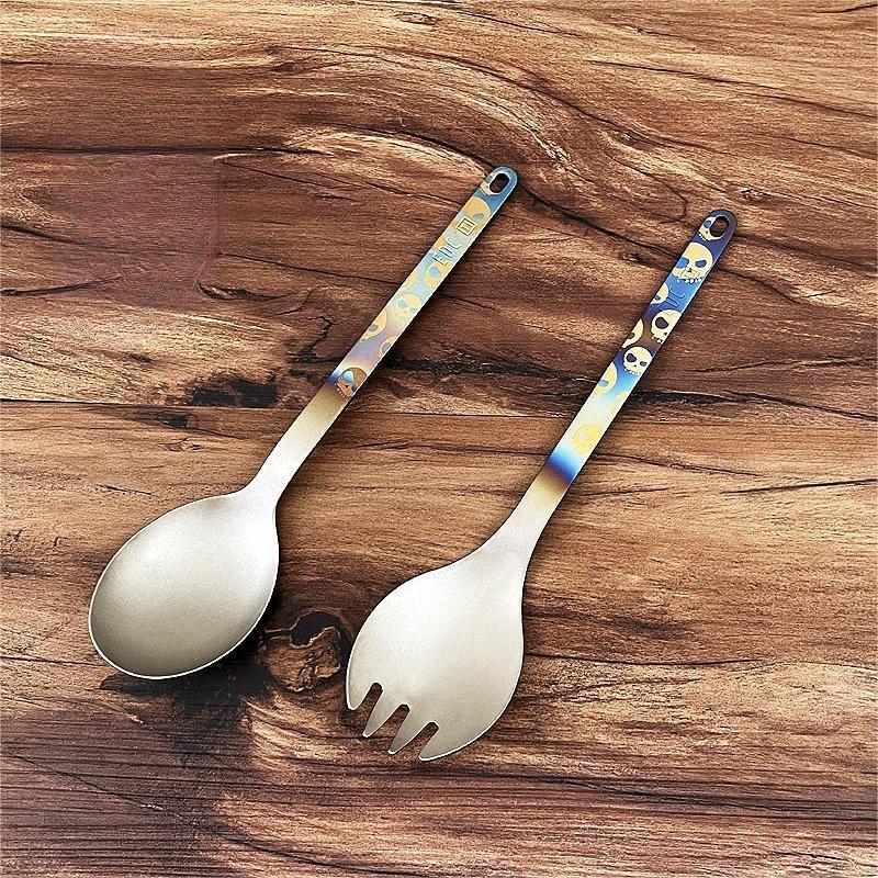Pure Titanium Long Handle Spoon Spork Lightweight Portable Cutlery EDC Flatware