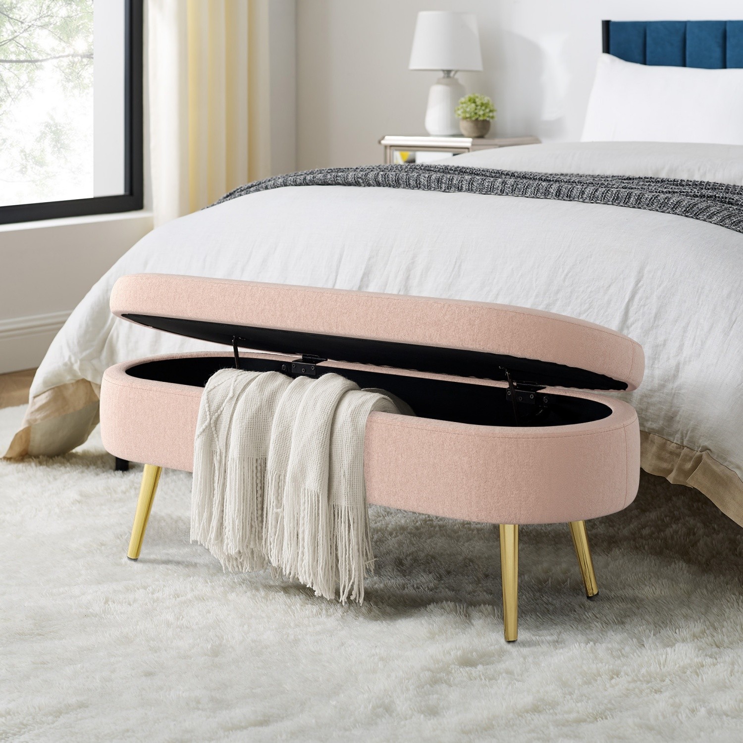 Storage Ottoman with Metal Legs Flannel Upholstered Modern End of Bed Footstool