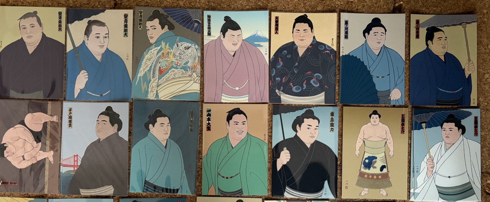 Sumo postcards nishikie style rikishi Aonishiki Ōnosato Ura Tobizaru