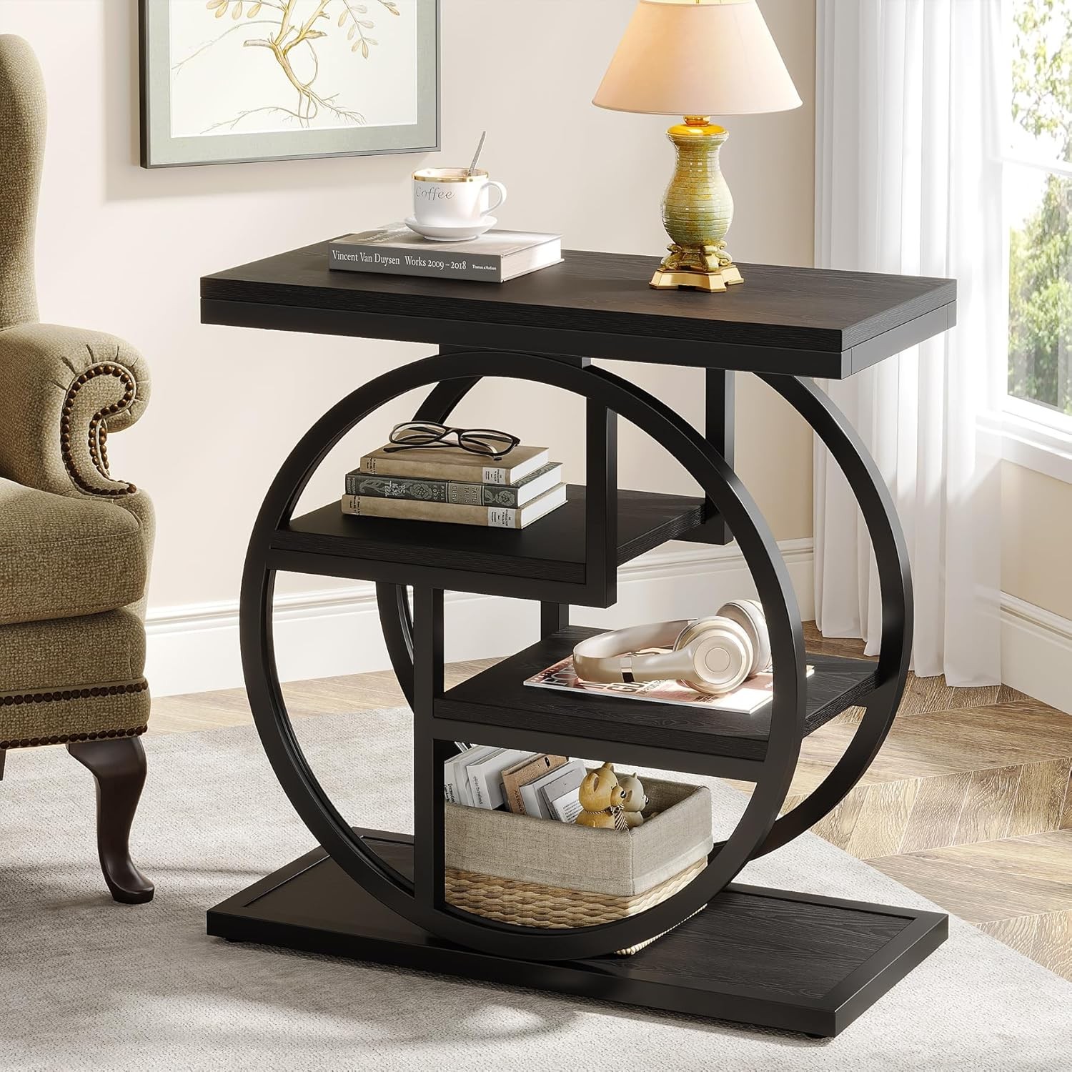 Black End Table for Living Room, 4-Tier Narrow Side Table with Storage Shelves