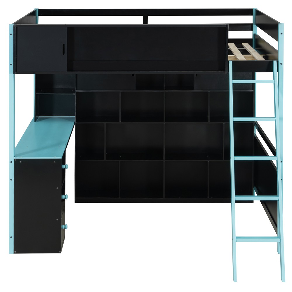 Full Size Wood Loft Bed with Desk, Ample Storage Space and Light Blue Bed Frame