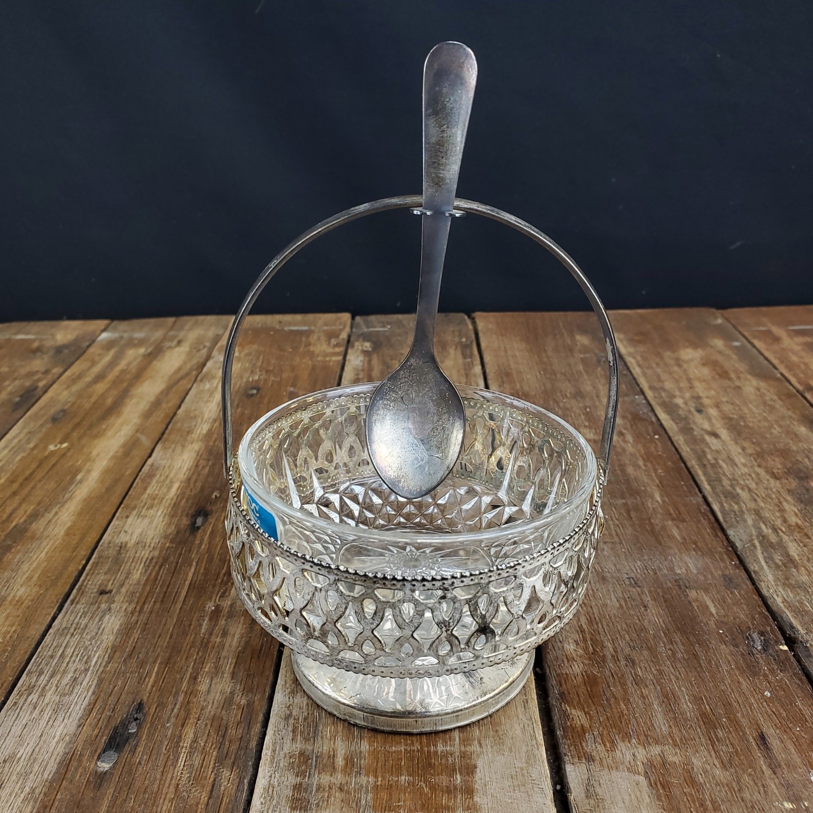 Vintage Arcoroc France Sugar/Relish Dish With Spoon Silver Plated & Glass Bowl