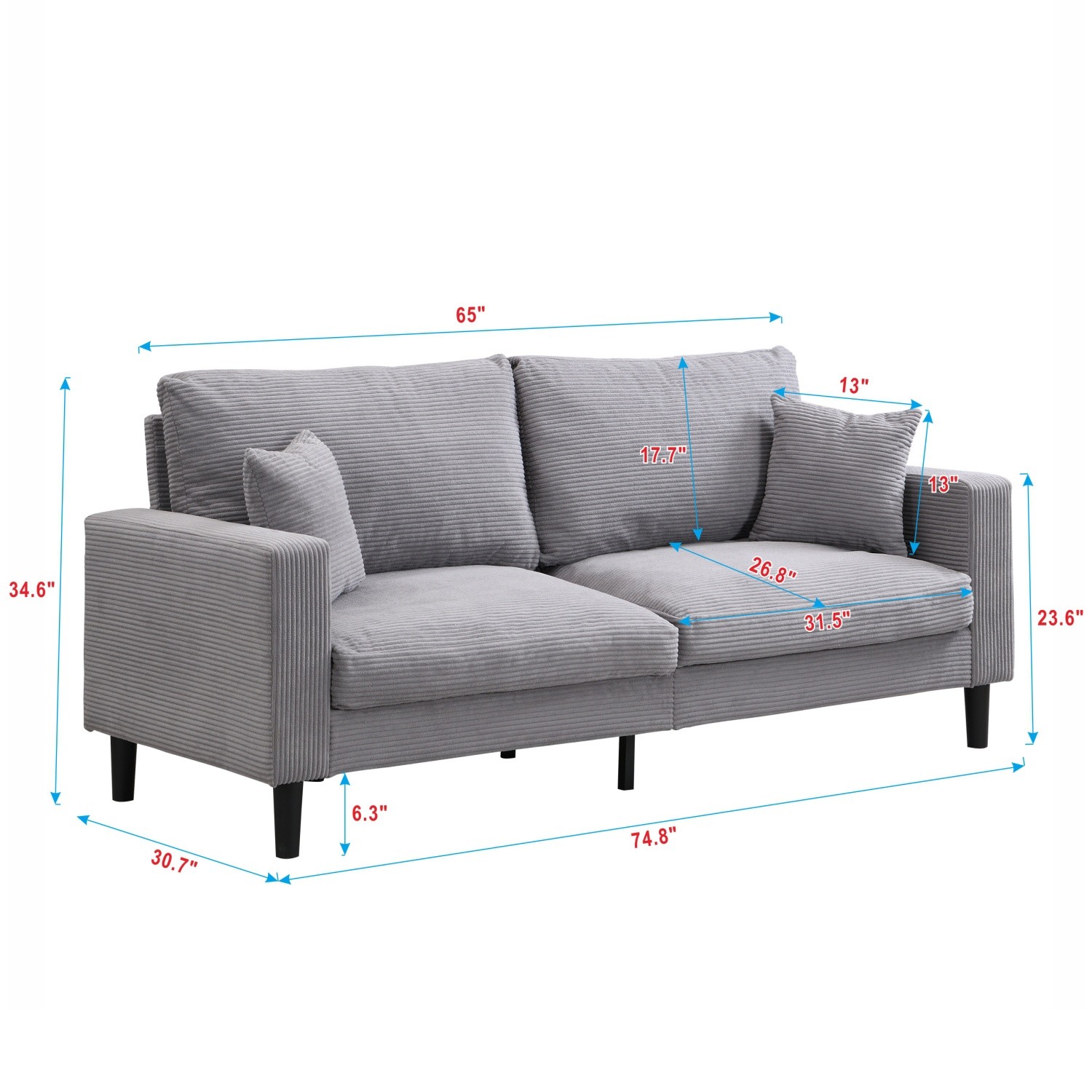 74'' 3 Seater Sofa Couch Upholstered Sofa Couch Home Living Room Furniture