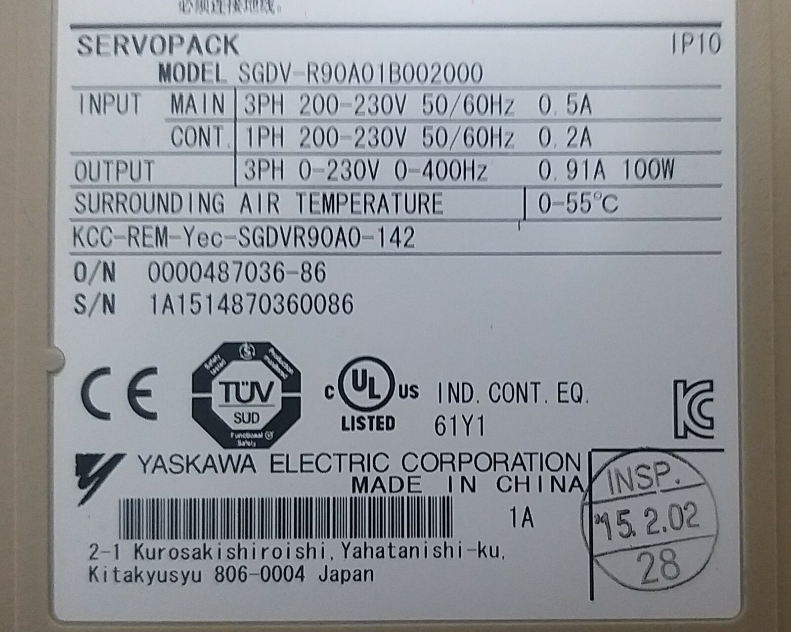 YASKAWA SGDV-R90A01B002000 SERVOPACK, USED