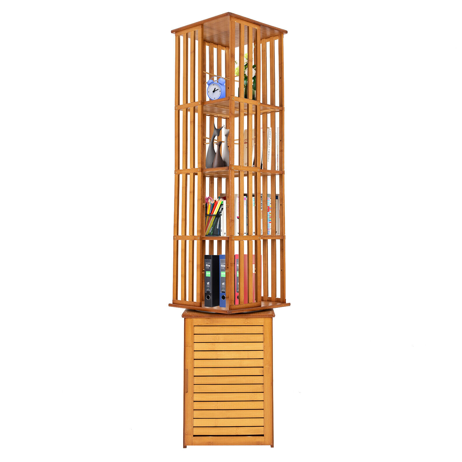 360° Rotating Bookshelf Wood Bookcase Storage Shelf Freestanding Display Rack US