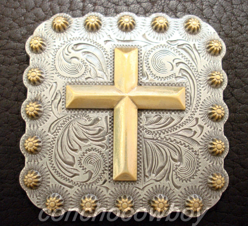 WESTERN HORSE TACK ANTIQUE GOLD CROSS BERRY SQUARE CONCHO 1 inch screw back