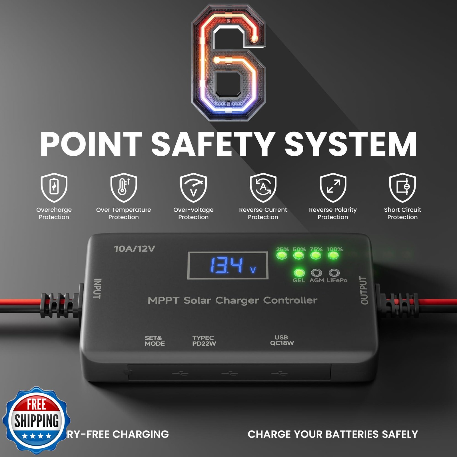 MPPT Solar Charge Controller 12V 10A, Solar Panel Charge Controller with Type