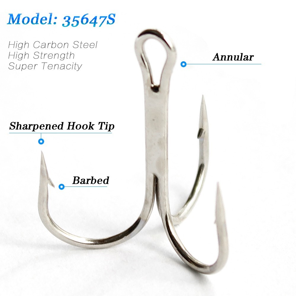 50pcs Barbed Treble Hook Silver High Carbon Steel Fly Fishing Lure Hook 2#-10#