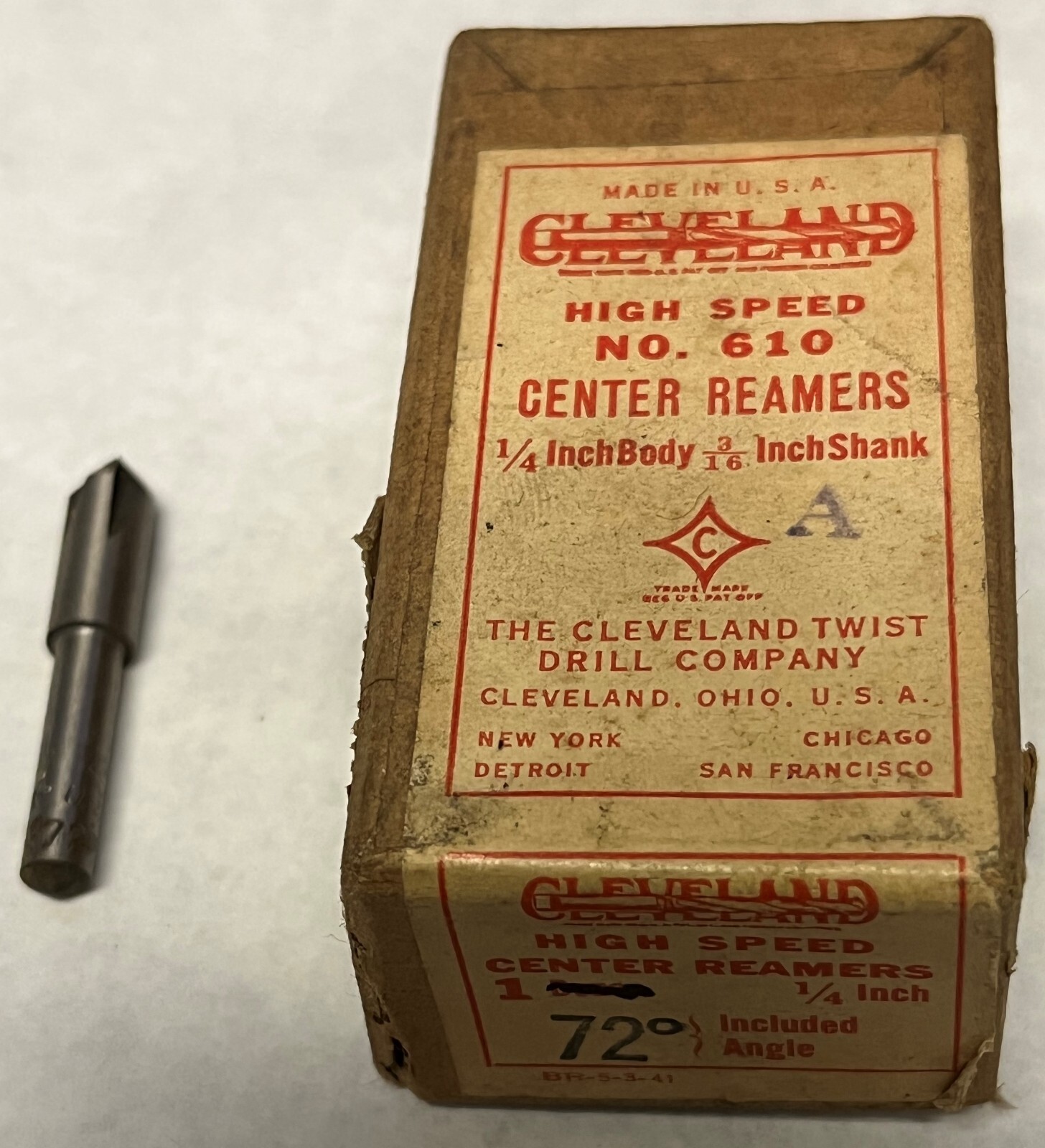 1/4" 72° x 3/16" SK HSS 3 FLUTE COUNTERSINK, CENTER REAMER, USA, NEW, CLEVELAND