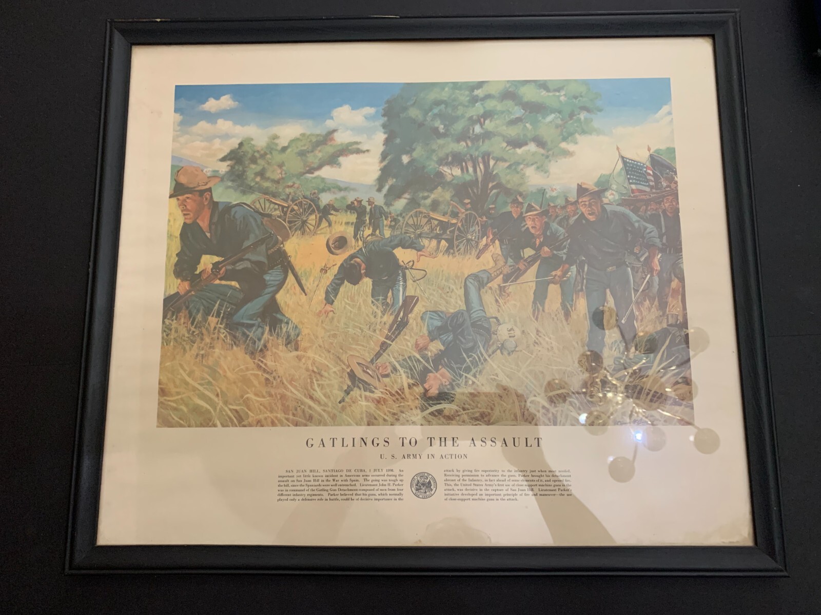 Vintage Gatlings To The Assault San Juan Hill Cuba War Art Print Framed