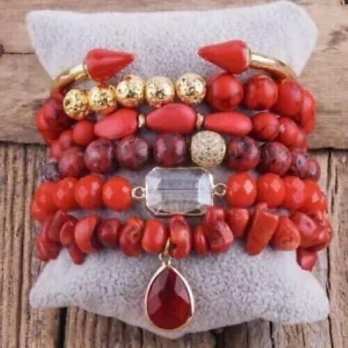 Handmade Natural Stone Beaded Bracelet Stretch Charm Beaded Stack Gold Cuff