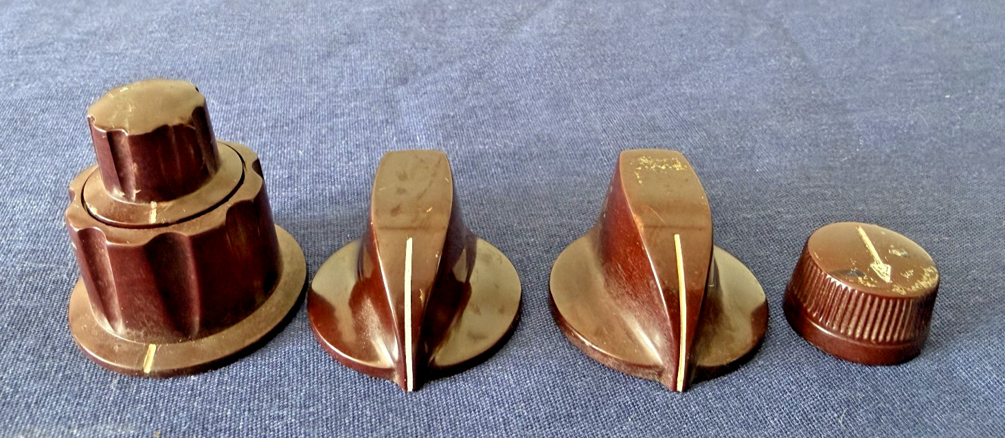 VTG lot Daka-Ware Brown Bakelite Knobs pointer fluted dual stacked concentric