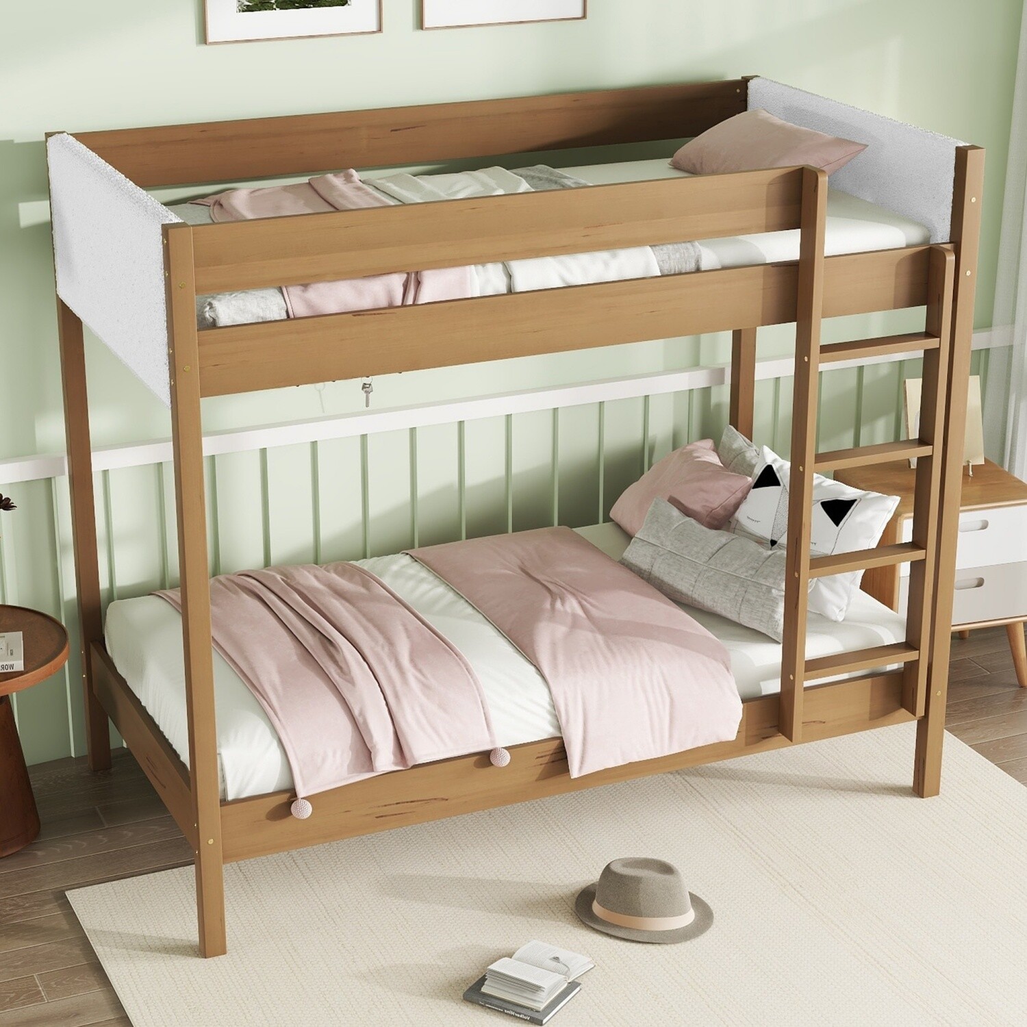Twin Size Loft Bed Frame Wood Bed Frame with Upholstered Headboard & Ladder