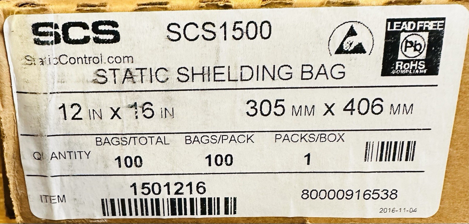 SCS 1501216 1500 Series Static Shielding Bag 12x16" New Box of 100