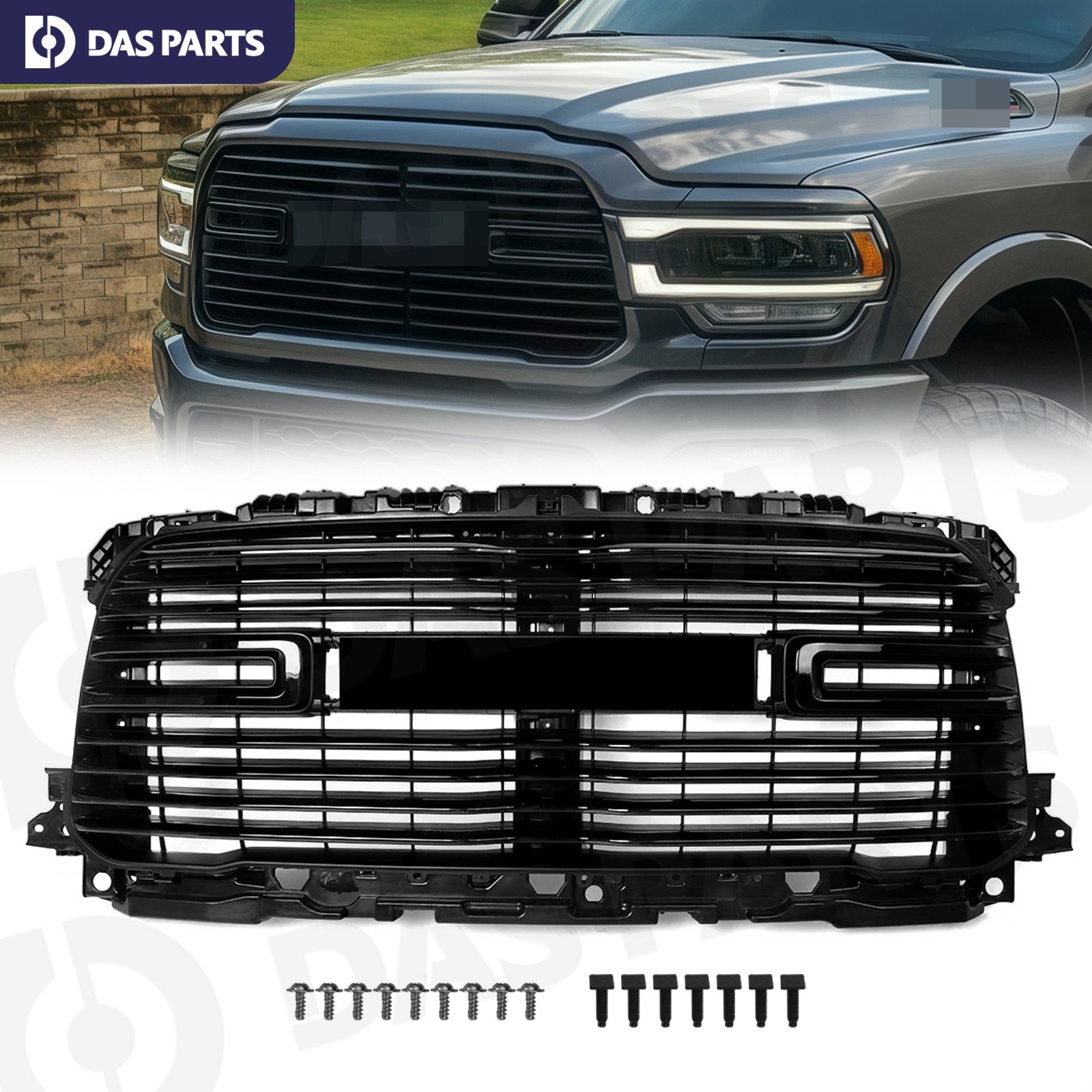 For 2019 2020-2024 Ram 2500 3500 Front Bumper Grille Glossy Black w/ Grill Trim