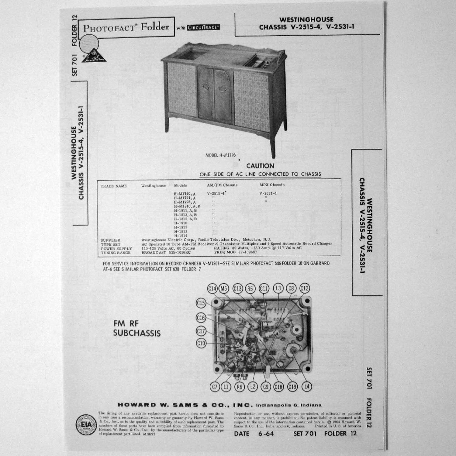 Westinghouse Chassis V-2515-4 V-2531-1 Model H-M1793 SAMS Photofact ™ 1964 - New