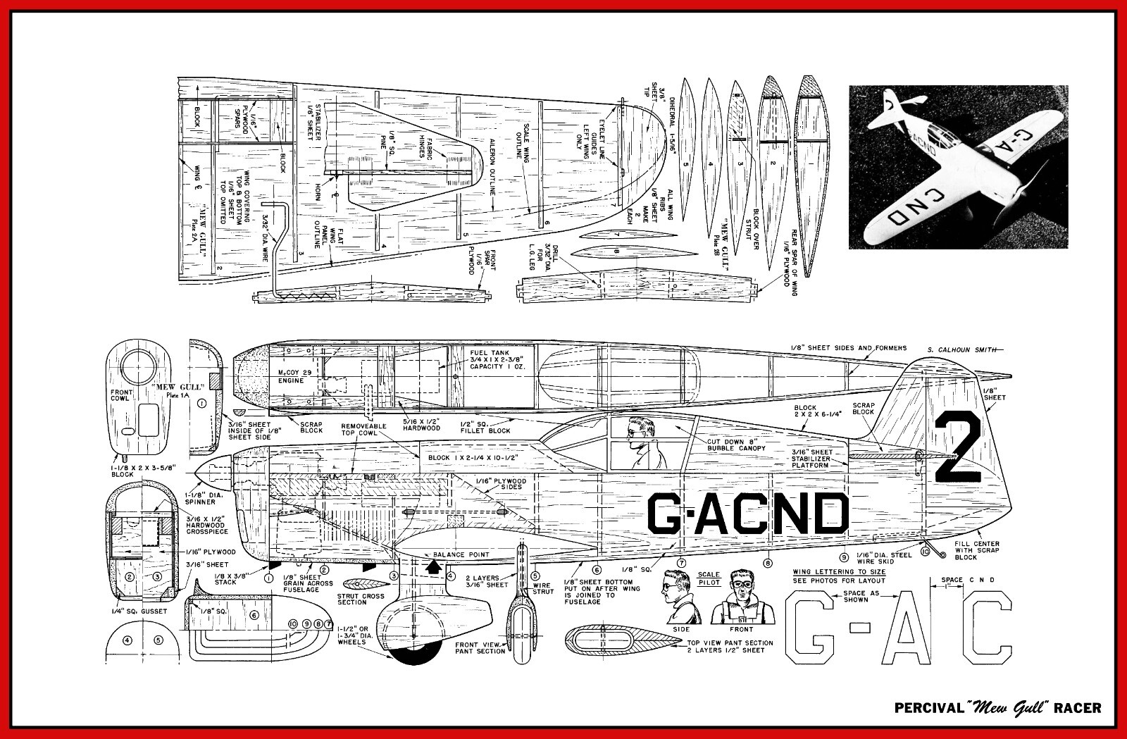 Model Airplane Plans (UC): Percival "Mew Gull" Racer 30" 1¼"=1' Scale for .29