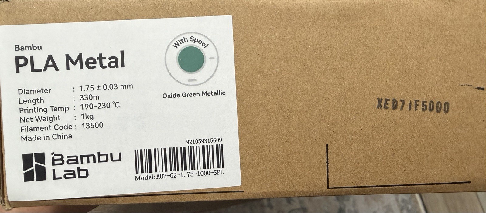 Bambu Lab PLA Metal Filament 1.75mm 1kg Oxide Green Metallic with Spool - NEW