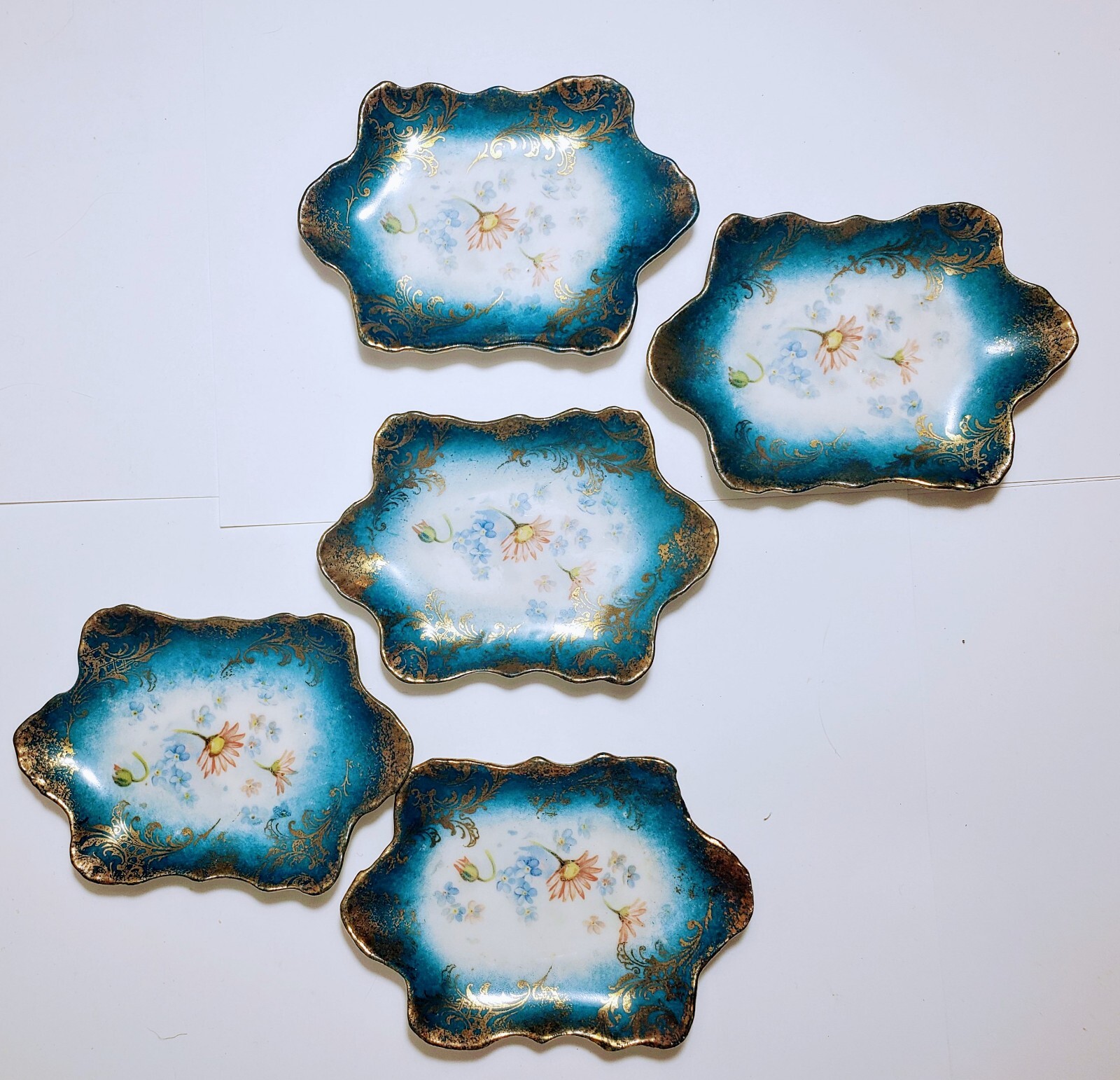 5 ROYAL SAXE GERMANY E.S. Vintage Dishes RARE Teal Blue Gold 3¾" x 2½" Trinket