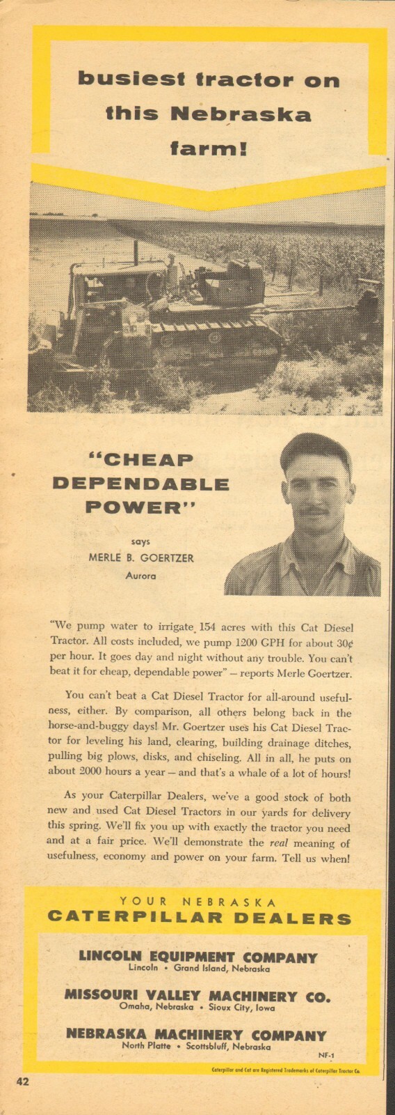1957 Print Ad of Caterpillar CAT Diesel Tractor Aurora Nebraska Farm