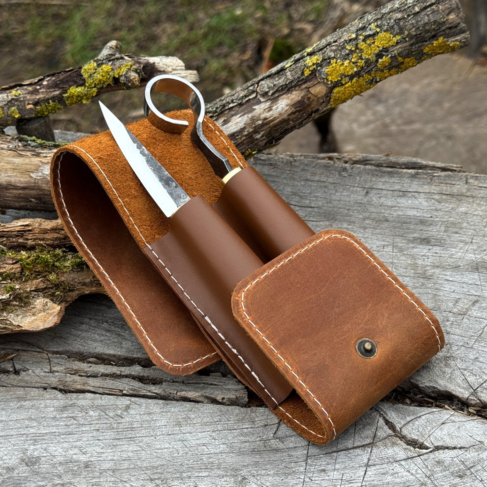 2 pc Spoon Carving Knife Set 3'' Sloyd Hook Knives Woodworking Tool Leather Case