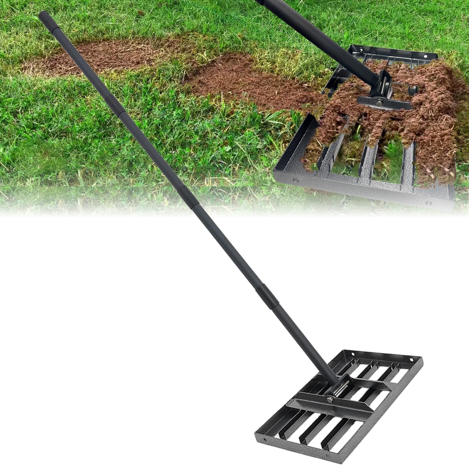 Lawn Leveling Rake 17"x10",Lawn Leveling Tool with 68" Long Adjustable Stainl...