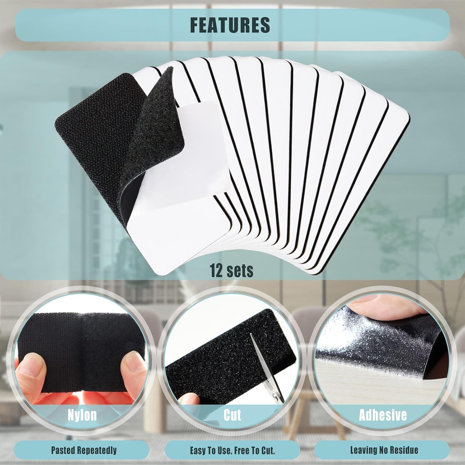 Versatile Black Hook and Loop Strips - 12 Sets for Strong Adhesive Applications