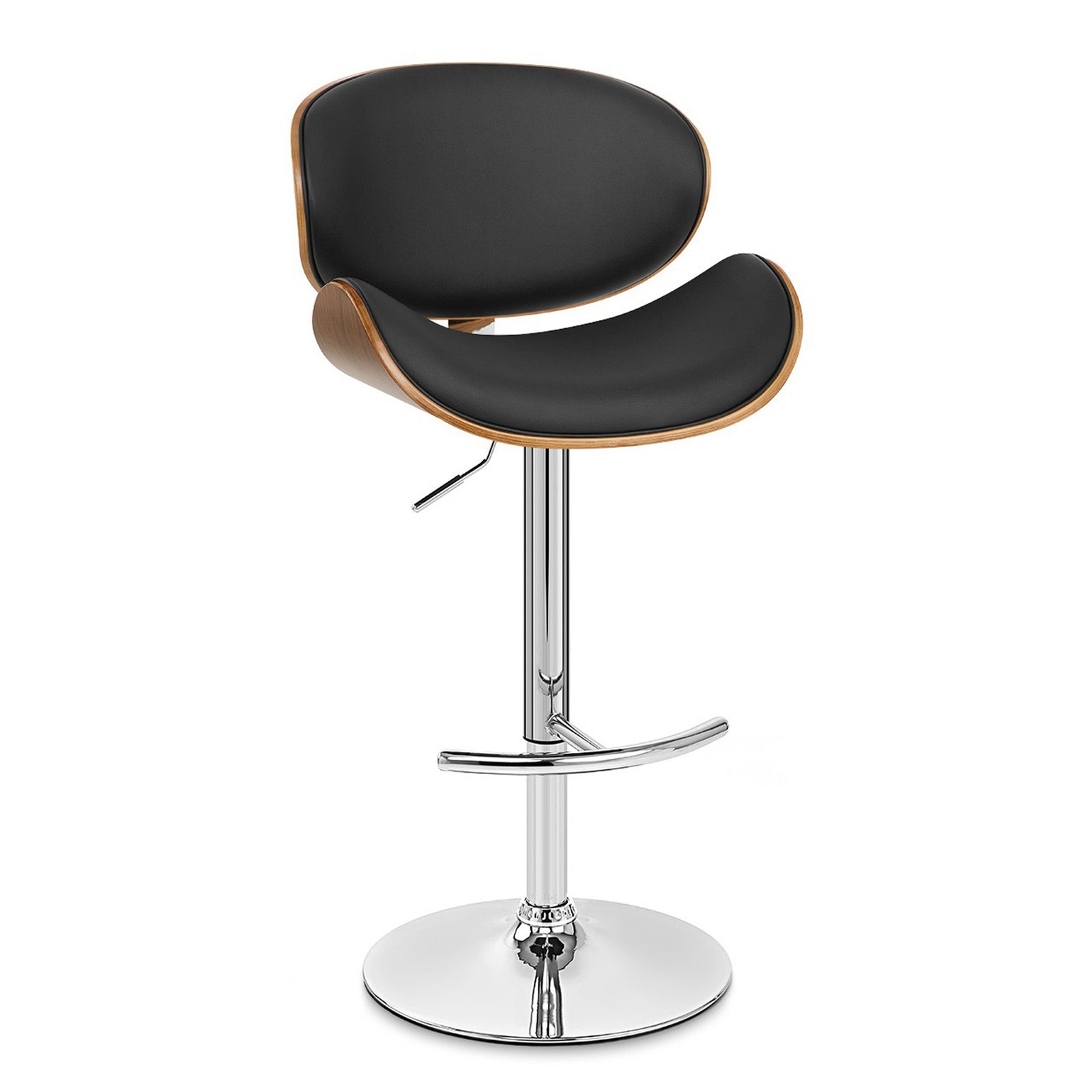 Naples Swivel Barstool in Black Faux Leather, Walnut Wood and Chrome Finish