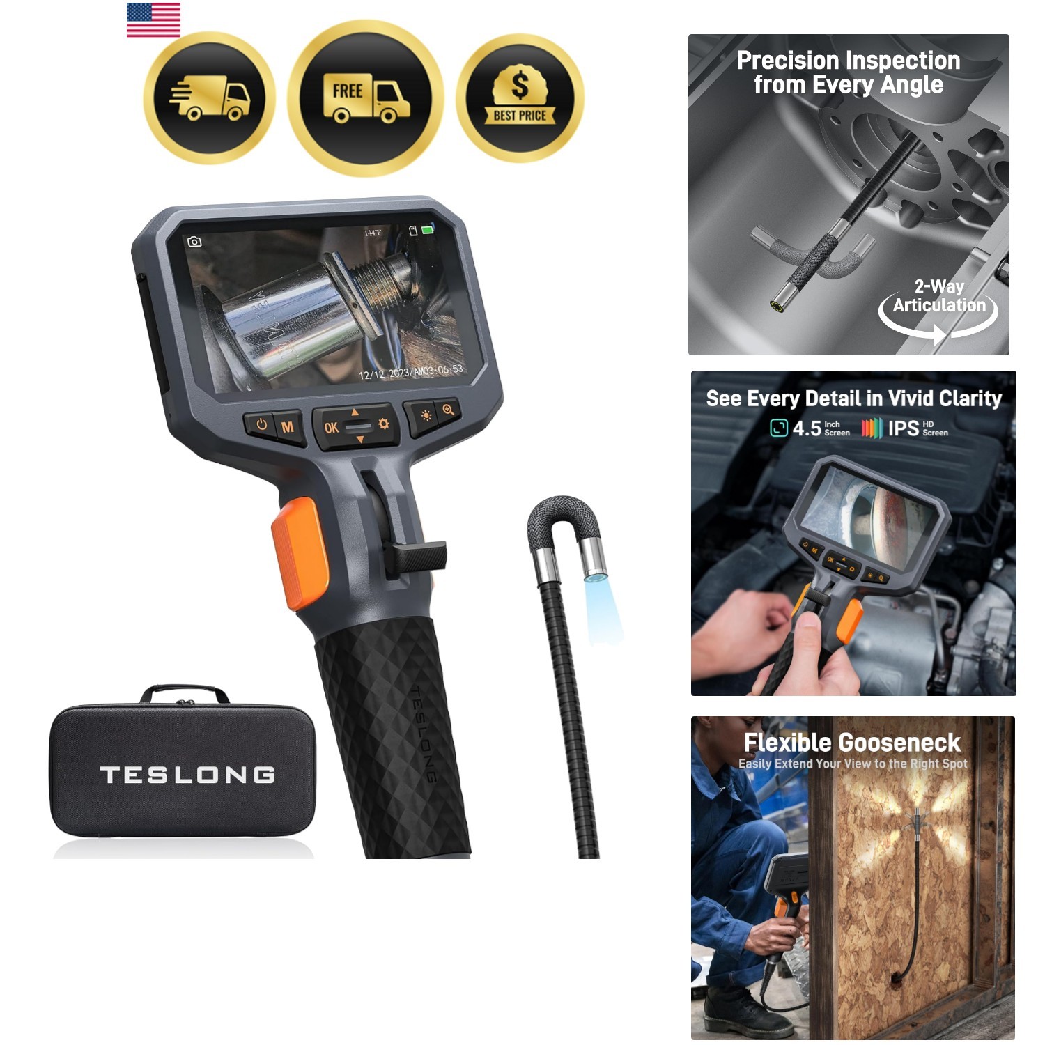 Articulating Borescope, Mechanic Endoscope Tool for Automotive Engine HVAC Wa...