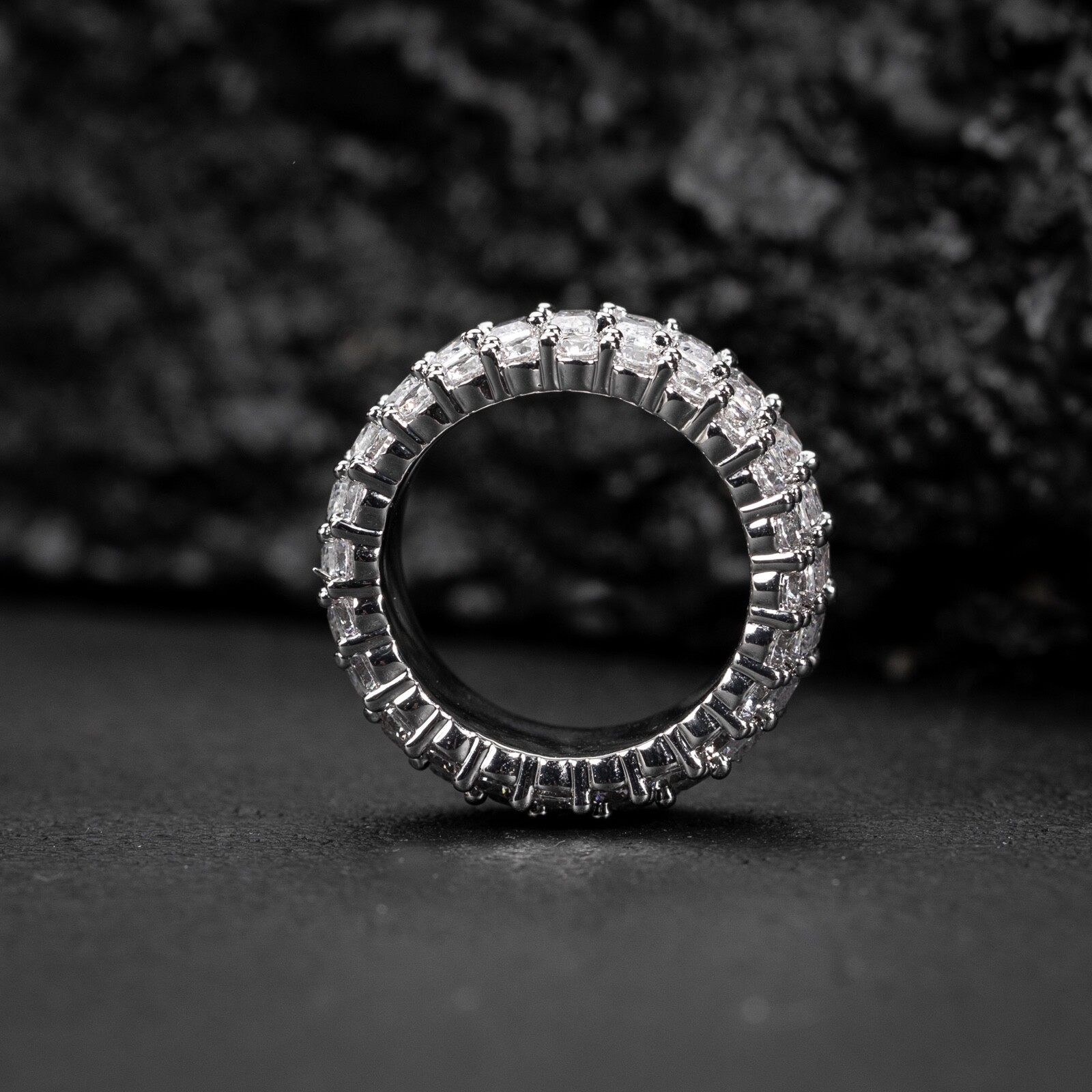 Iced Pointer Men's White Gold Plated Layered Emerald Cut Statement Eternity Ring