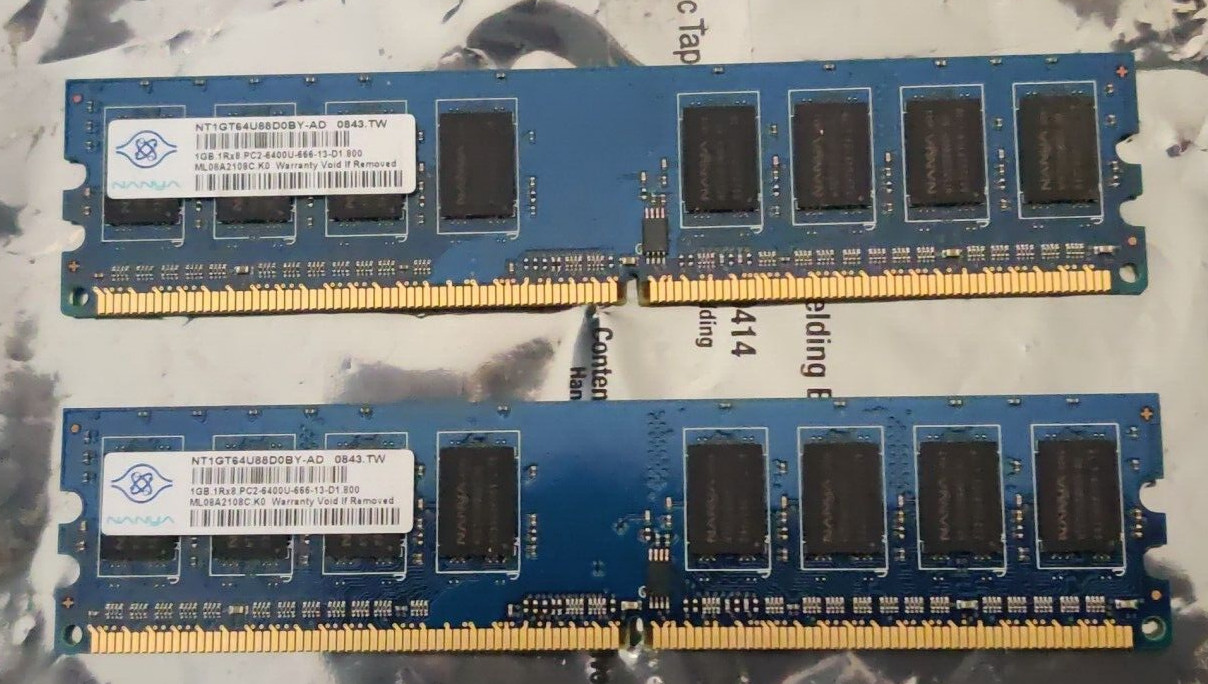 TWO NANYA DDR2 SDRAM DIMM MEMORY CARD NT1GT64U88D0BY-AD 1GB 1RX8 PC2-6400U