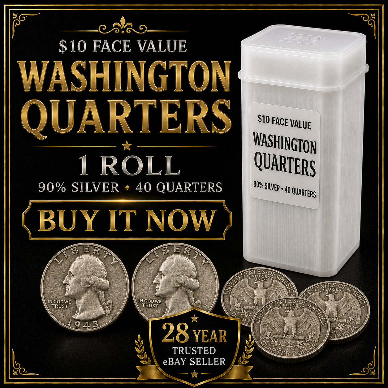 $10 Face 90% Silver Washington Quarters Roll Pre-1965 Junk Silver