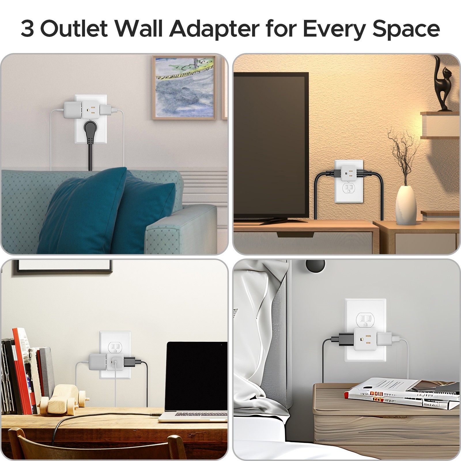 [ETL Listed] 3 Outlet Extender Indoor Grounded AC Power Wall Tap Adapter Plug