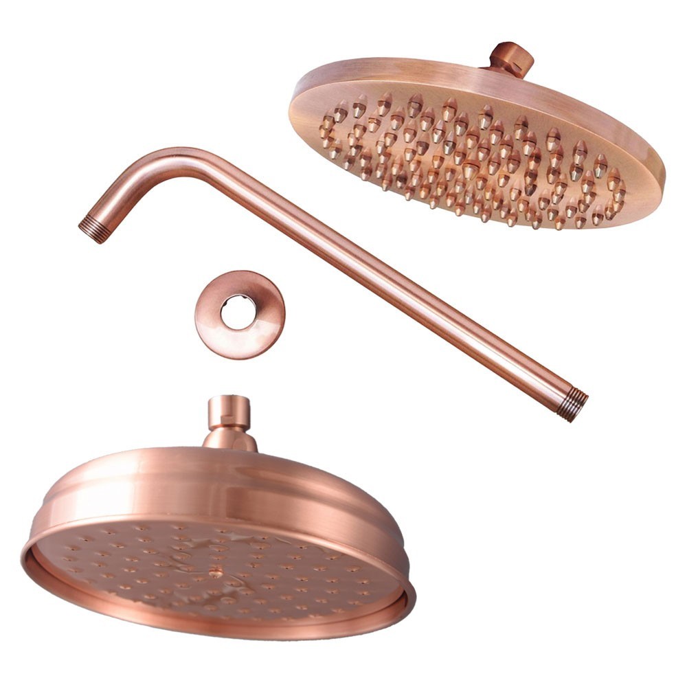 Red Copper 8-inch Round Rainfall Shower Head Bathroom Rain Pipe Arm hwzh374