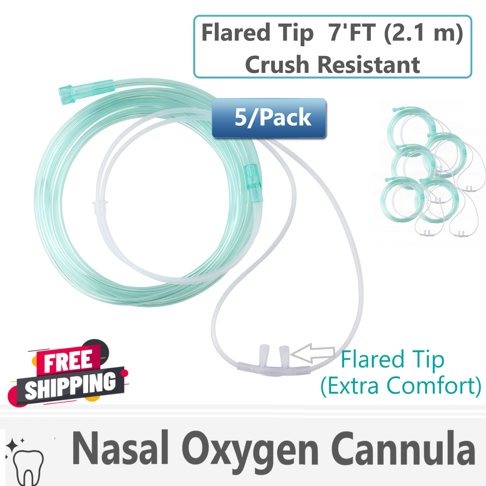5/Pk- 7 Ft (2.1 m)  Adult Flared Tip Soft Nasal Oxygen Cannula Flexible Cannulas