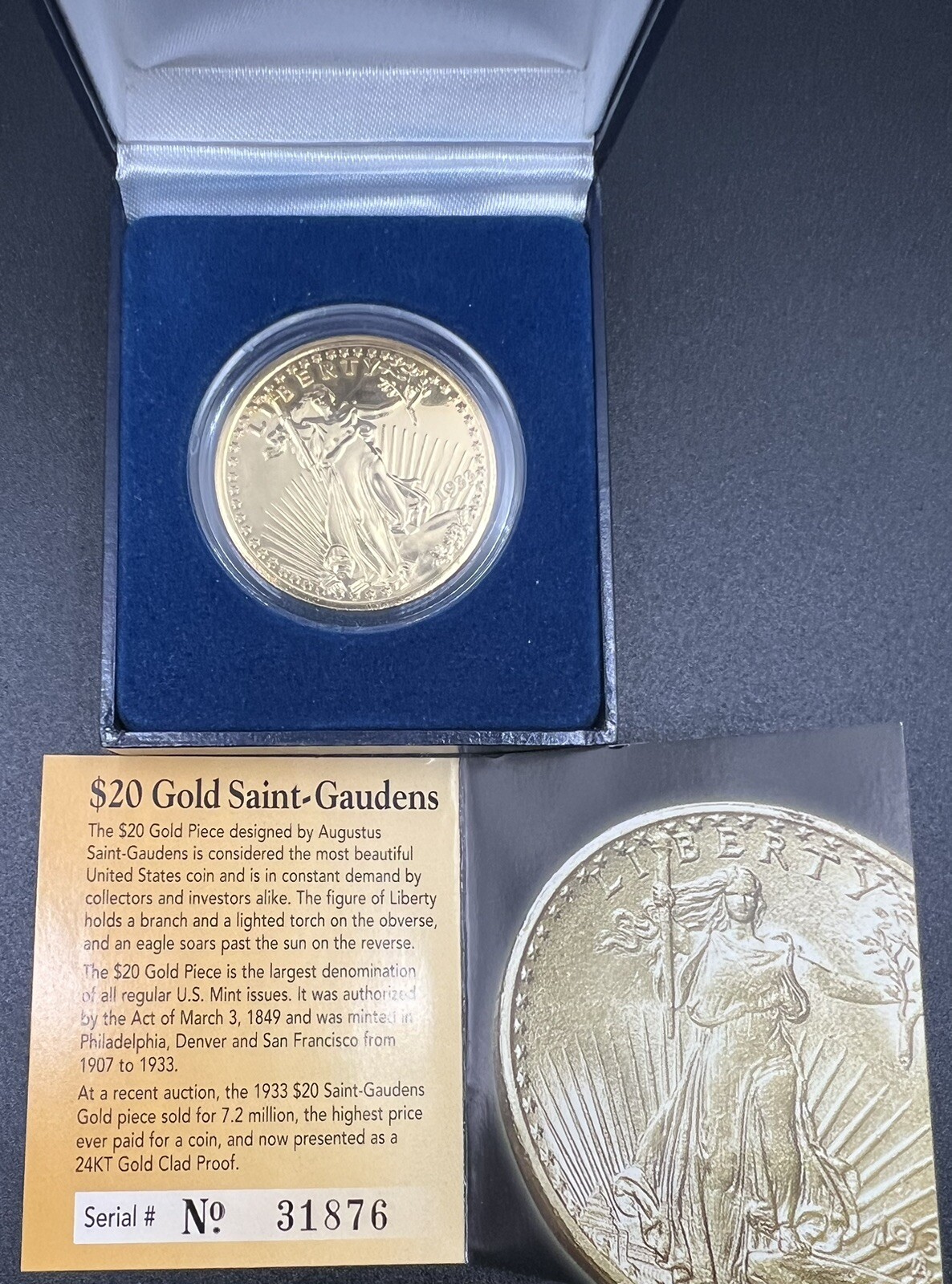 TRIBUTE Proof Saint Gaudens 1933 $20 Gold Proof COPY -Gold Plated Box and Papers