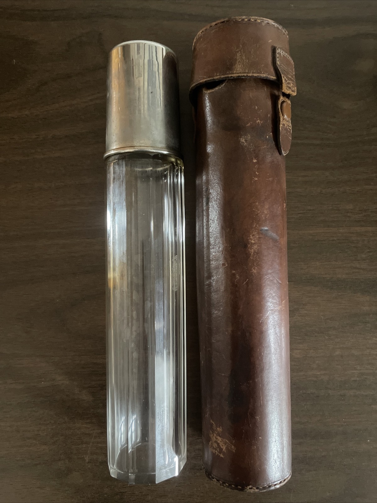 Vintage Saddle Hunting Hip Glass Flask & Cup w/ Leather Case