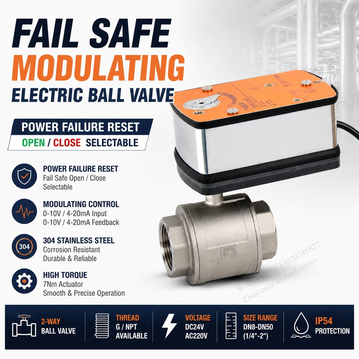 Y07RF Fail Safe Electric Ball Valve 304SS Modulating Control 0-10V 4-20mA  1/2”