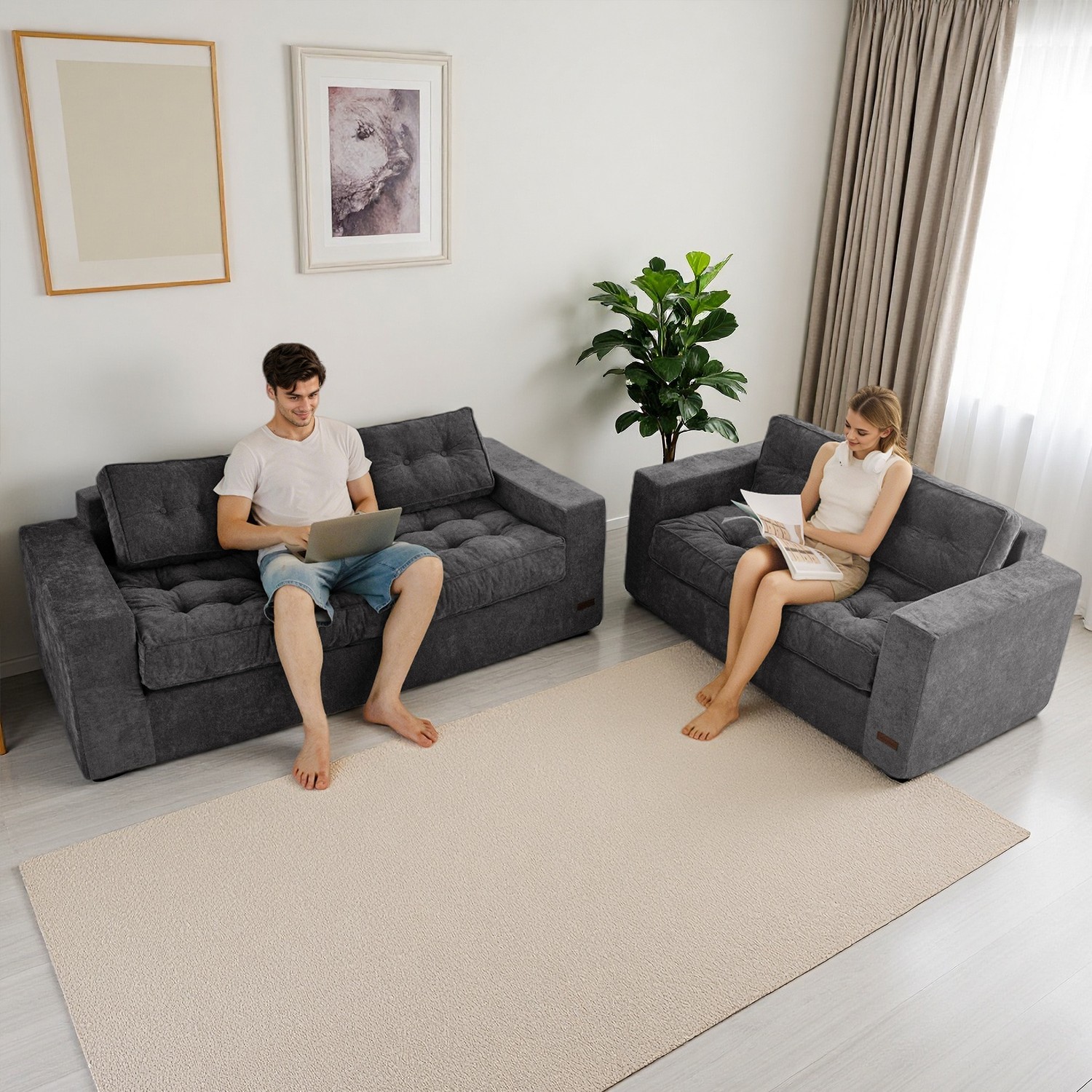 MAXYOYO 3 Seater Boneless Couch,Chenille Comfy Sofa with Extra Deep Seats