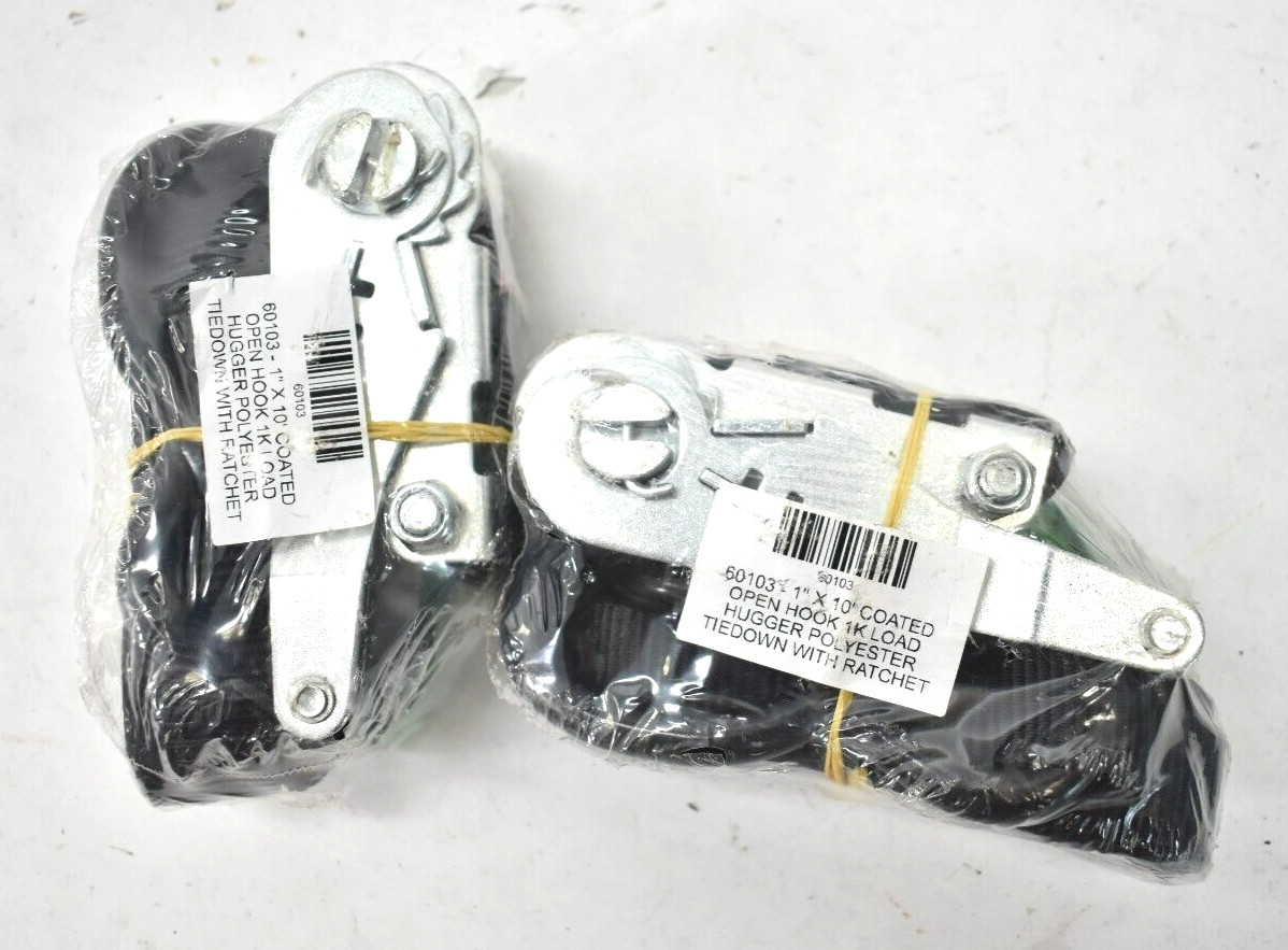 Lot of 2 Open Hook 1K Load Hugger Tie Down w Ratchet Polyester 1" x 10' 60103