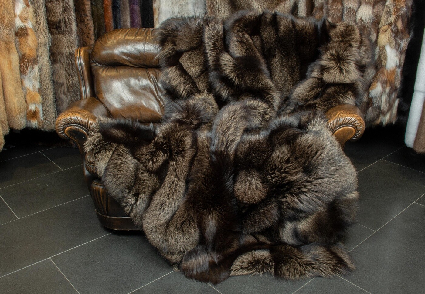 3731 Patchwork Fur Blanket made with Silver Foxes in gray-brown Pelt Throw