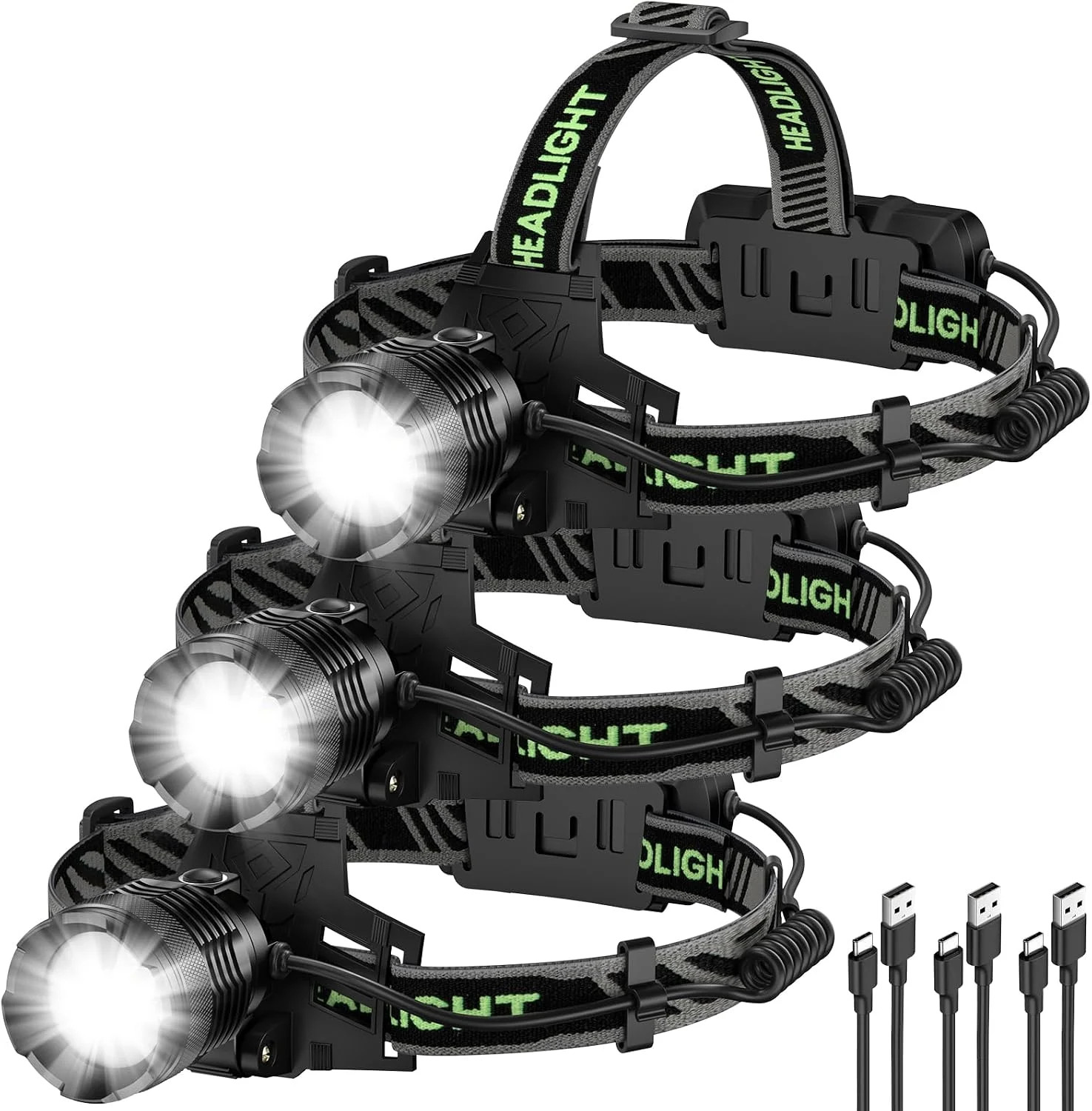 Rechargeable Headlamp 3 Pack, 99,000 Lumens Super Bright Head Lamp with 3 Modes,