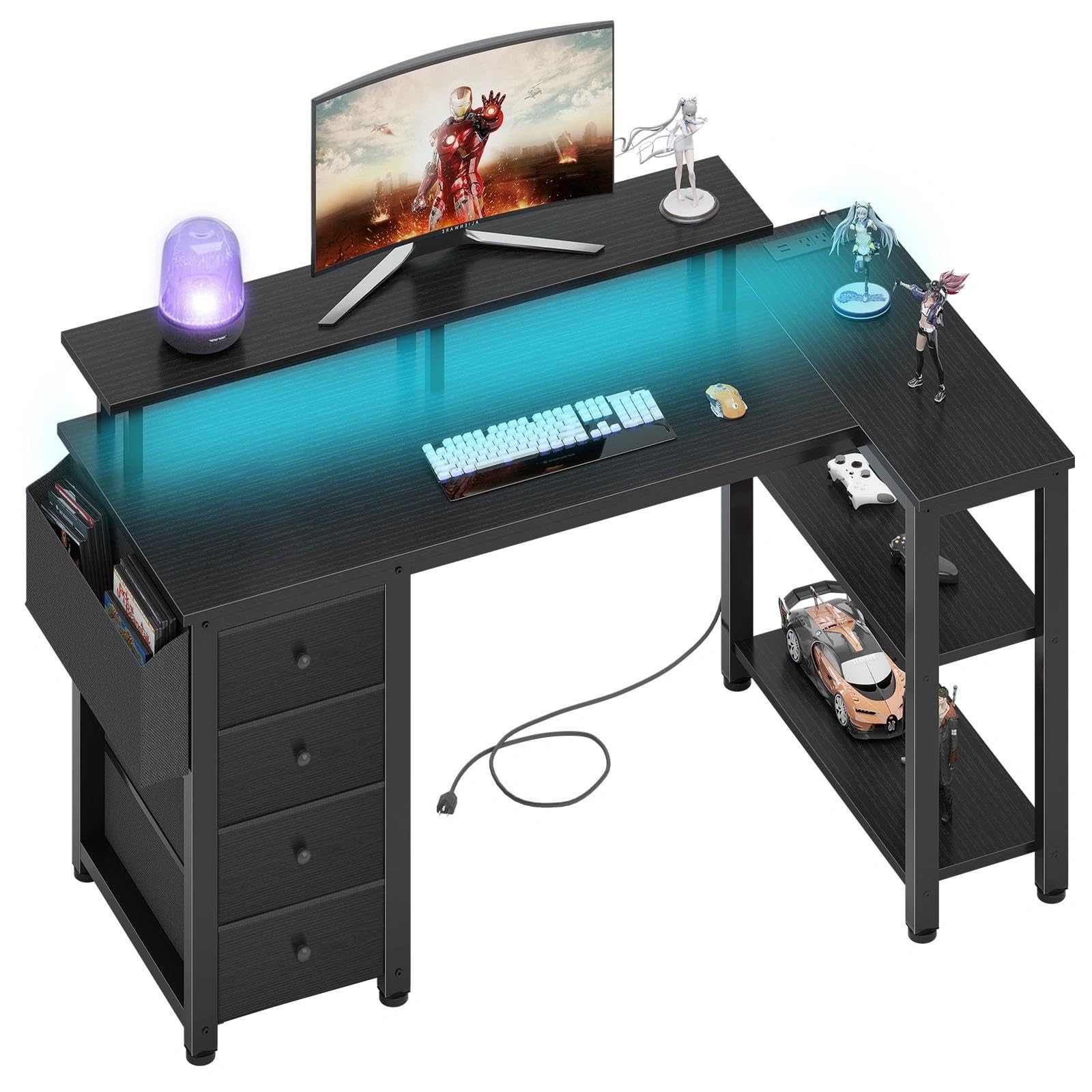 Black L Shaped Desk with Led Lights and Power Outlets, 47 Inch Writing Study ...