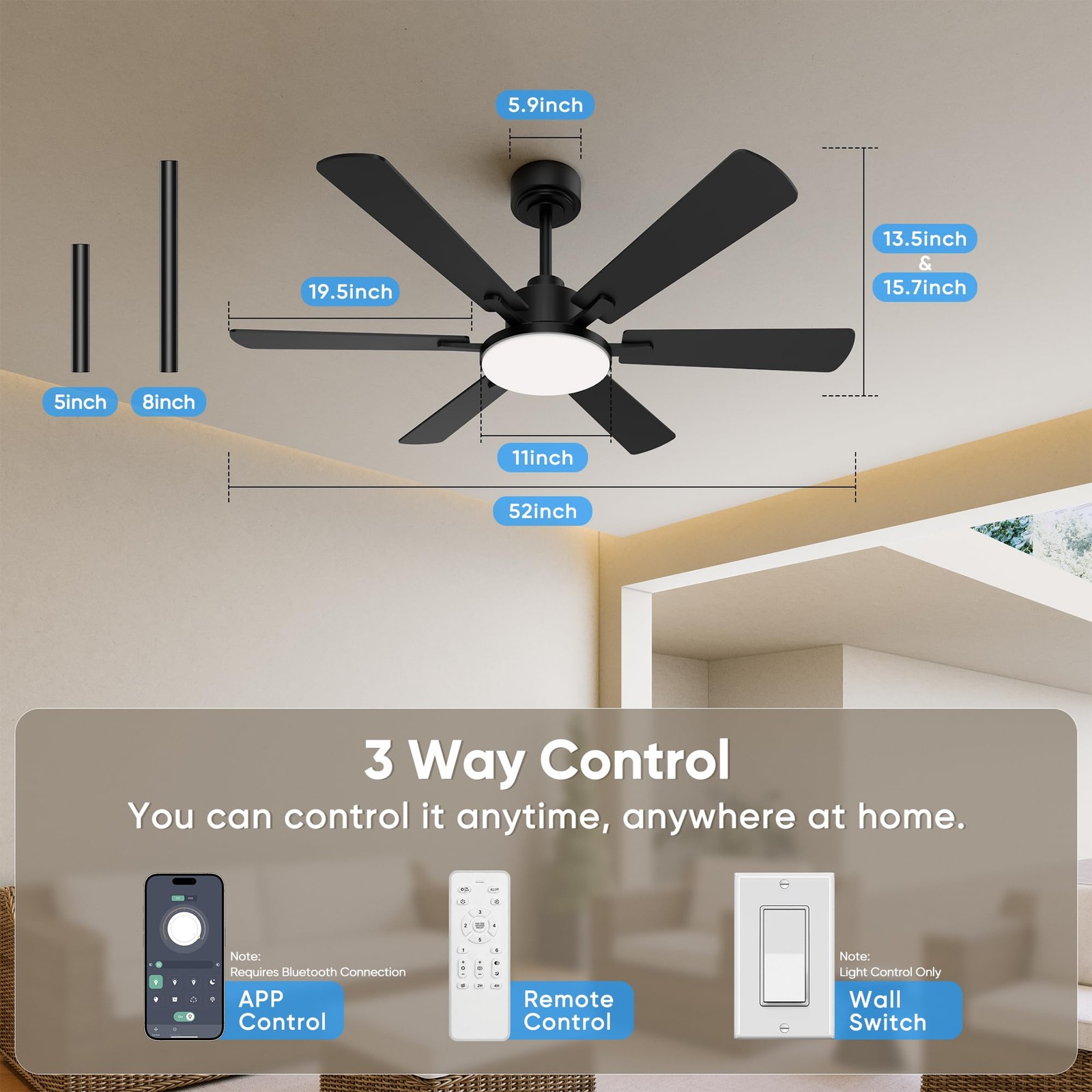 Ceiling Fans W/ Lights 6 Blade Remote Reversible DC Motor 3CCT Dimmable LED 52"