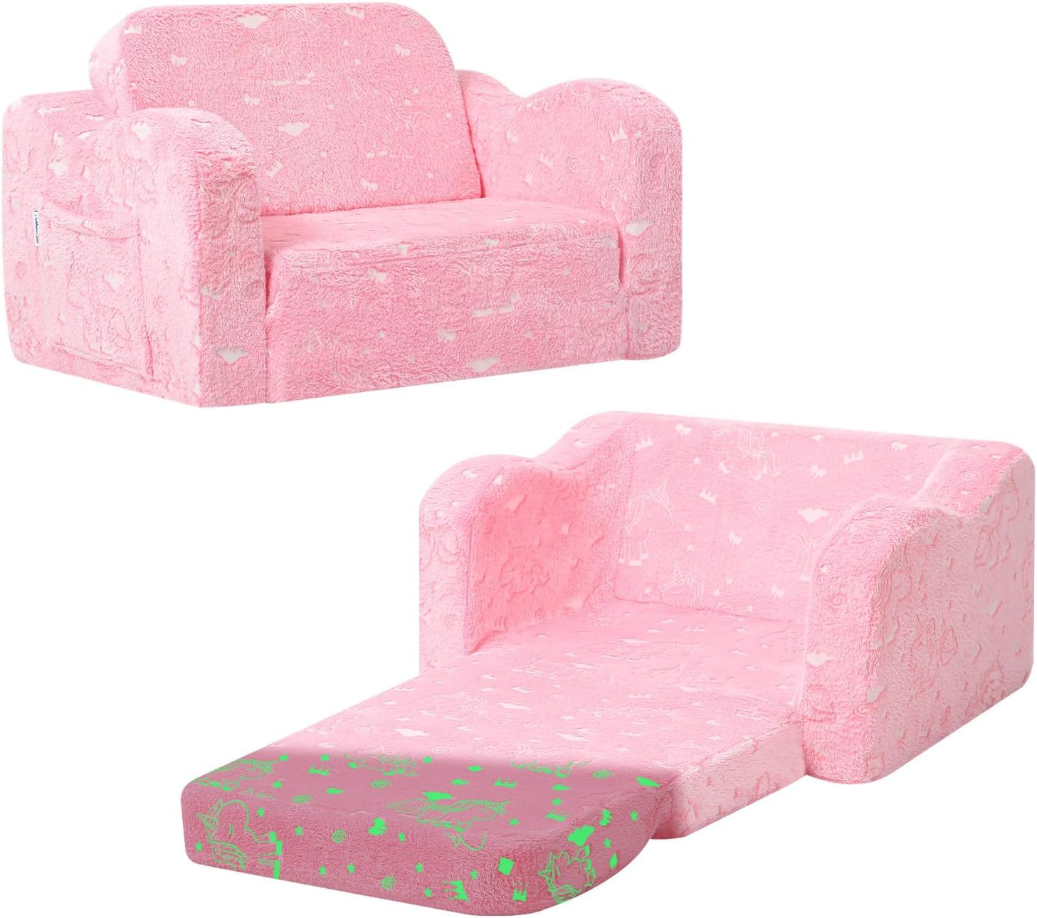 Glow-In-The-Dark Unicorn Kids Couch – Soft Plush Folding Toddler Chair and Fold-