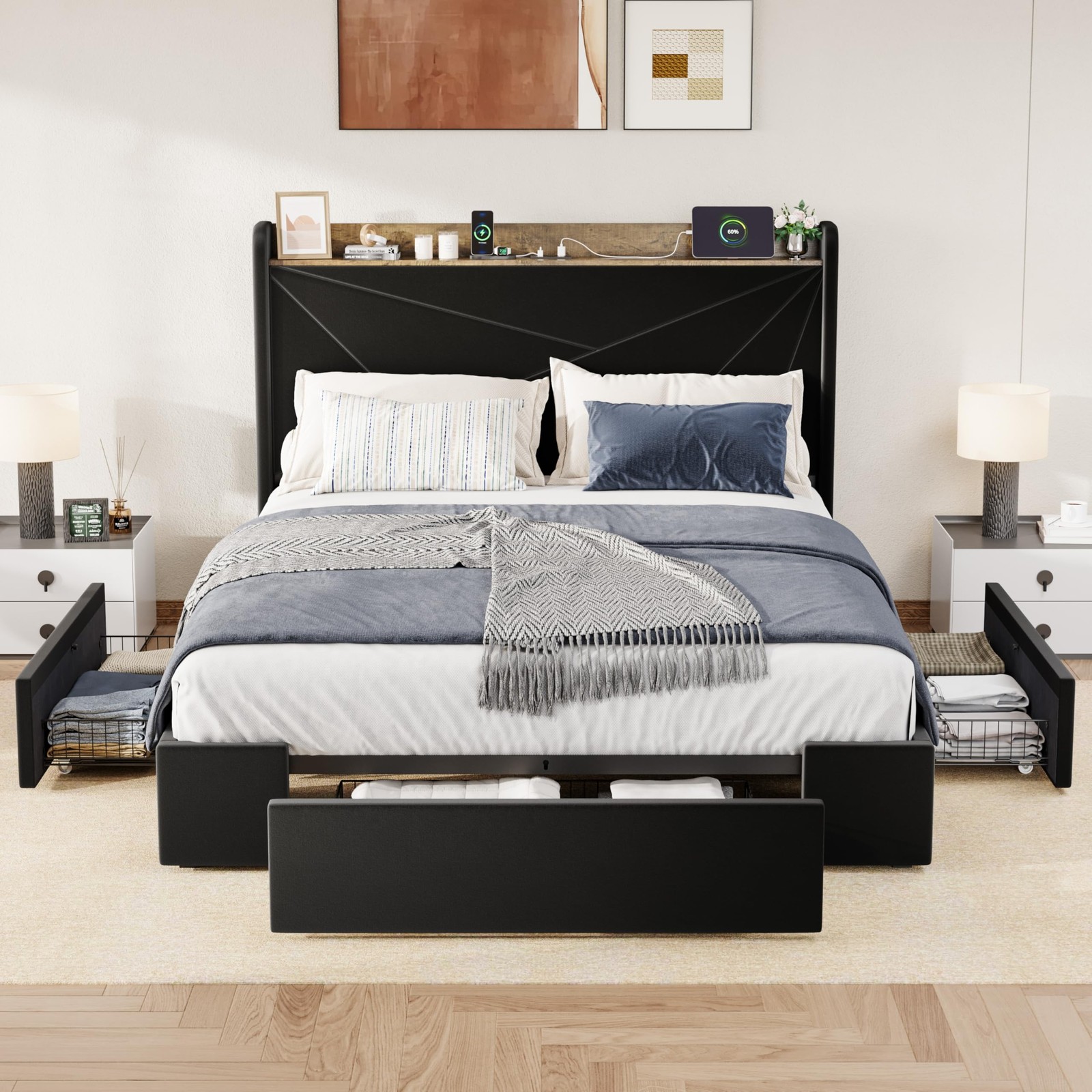 Full Size Velvet Bed Frame with 3 Storage Drawers, Upholstered Platform Bed w...