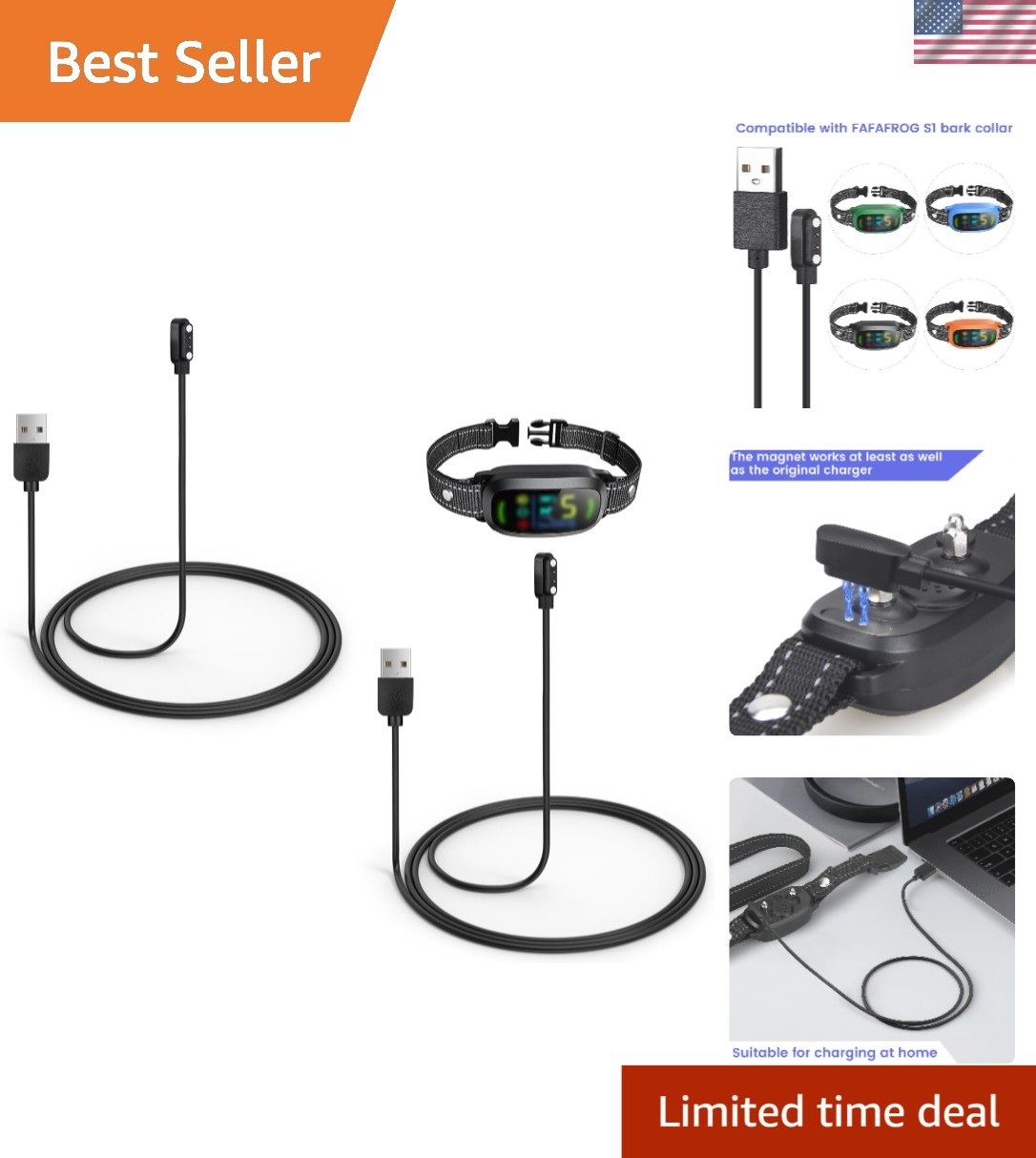 FAFAFROG Dog Bark Collar Charger - 2 Magnetic USB Cables for Home & Outdoor Use