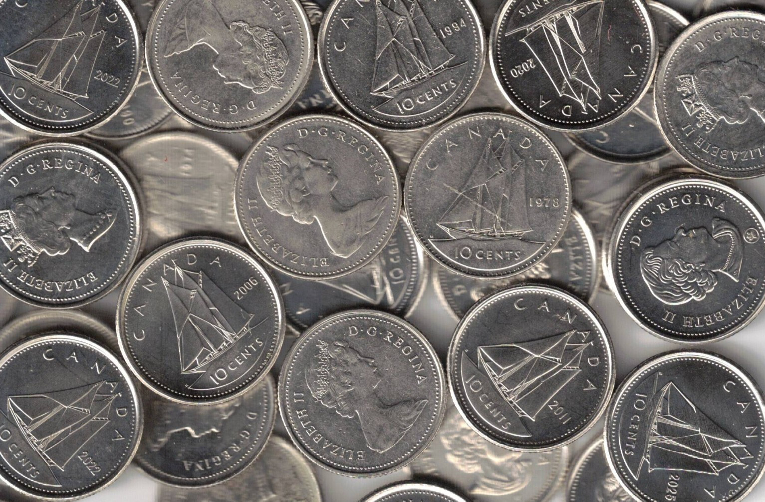 1968 Thru 2025 Canadian Dime Circulated to BU Roll of 40 Different Date Coins.