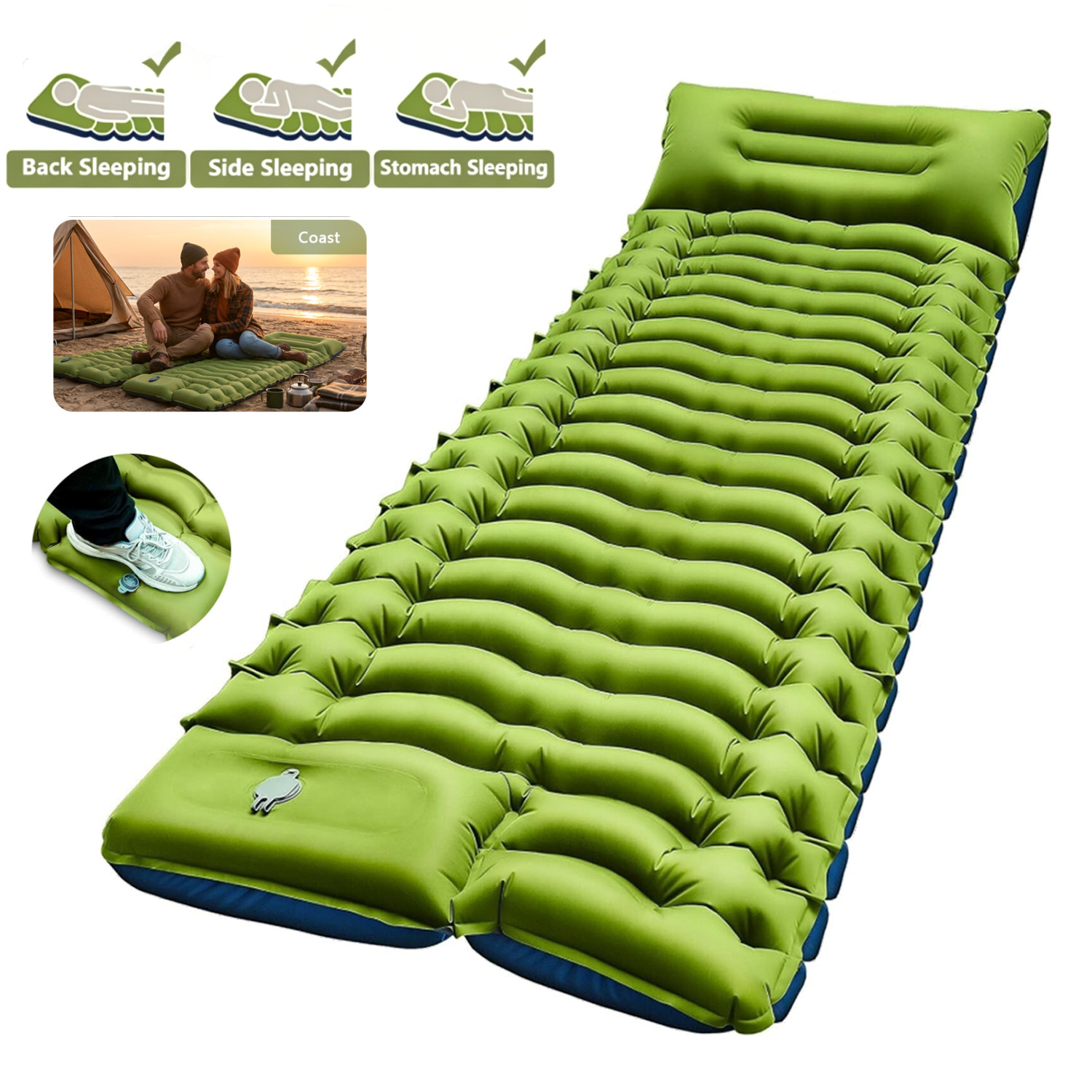 Camping Sleeping Pad Inflatable Mat with Built-in Foot Pump & Pillow for Tent